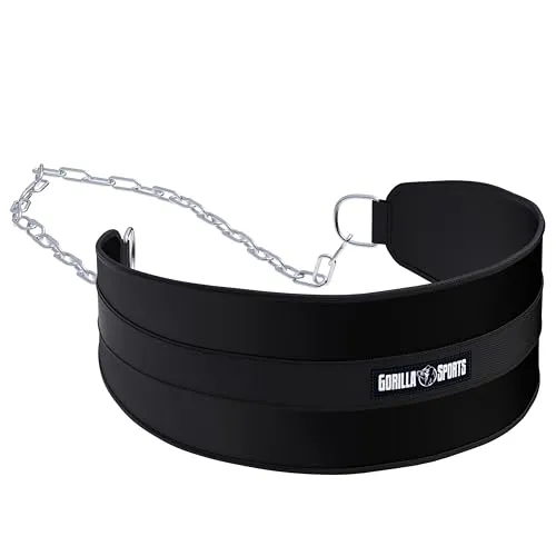 GORILLA SPORTS Dip-Gürtel mit Kette - Gewichthebergürtel bis 100kg - Dip-Gürtel aus strapazierfähigem Nylon, ideal für intensives Training. Mit 2 Karabinern und einer Kette für zusätzliche Gewichte, um Deine Übungen herausfordernder zu gestalten.