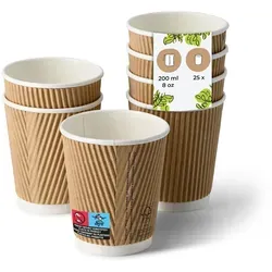 BIOZOYG Riffelbecher 25 Stück 200 ml / 8 oz, Ø 80 mm, braun, innen weiß - Becher für Heißgetränke - Kaffeebecher to go aus Pappe - Einwegbecher