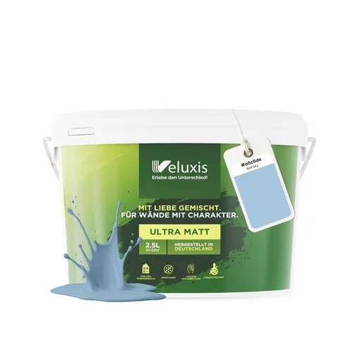 Veluxis® Wandfarbe Blau für Innenräume - 2,5 Liter, streifenfrei & tropffrei - Hochwertige matte Innenfarbe mit starker Deckkraft für ein stilvolles Raumgefühl. Einfach anzuwenden, geruchsarm und ideal für schnelle Renovierungen. Hergestellt in Deutschland mit geprüfter Qualität.