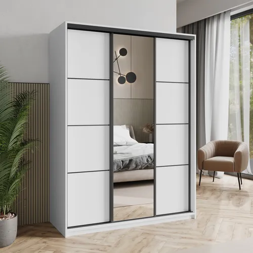 Masseno Schiebetürenschrank VARO 150 cm – Moderne Aufbewahrungslösung - Schiebetürenschrank mit 4 Schubladen und großem Spiegel – ideal für platzsparende Raumnutzung und stilvolles Wohnen. Robuste Bauweise und individuelle Gestaltungsmöglichkeiten.