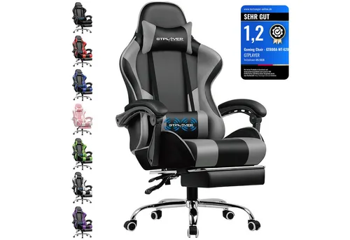 GTPLAYER Ergonomischer Gaming Stuhl mit Massagefunktion und Fußstütze - Grau - Ergonomischer Gaming Stuhl mit Kopfstütze und massagefähigem Lendenkissen. Robuste Metallbeine für Stabilität und Komfort. Ideal für lange Gaming-Sessions und Büroarbeit.