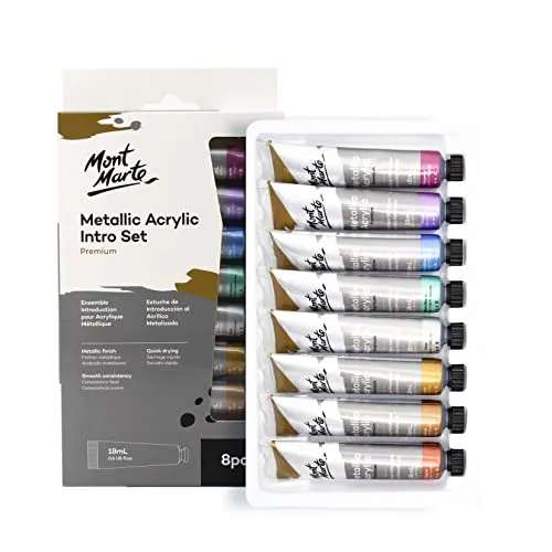 Mont Marte Acrylfarben Metallic Set – 8 Stück, 18 ml Tuben – Ideal für Acrylmalerei – Brillante Lichtechte Farben mit großer Deckkraft