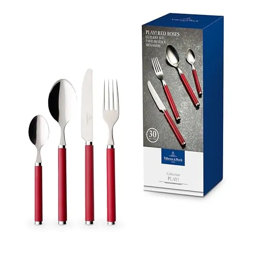 Villeroy & Boch Play! Red Roses Tafelbesteck Set 30 teilig - Hochwertiges Besteckset aus Edelstahl mit bunten Kunststoffgriffen in fröhlichen Farben – perfekt für jeden Tisch und spülmaschinenfest!