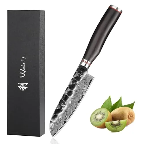 Wakoli EBO Damast Kleines Santokumesser 12 cm - Küchenmesser mit 12 cm Klinge aus 67-lagigem Damaststahl, ideal für Fleisch, Fisch und Gemüse. Edler Griff aus schwarzem Eichenholz und perfekte Schärfe für Hobby- und Profiköche.