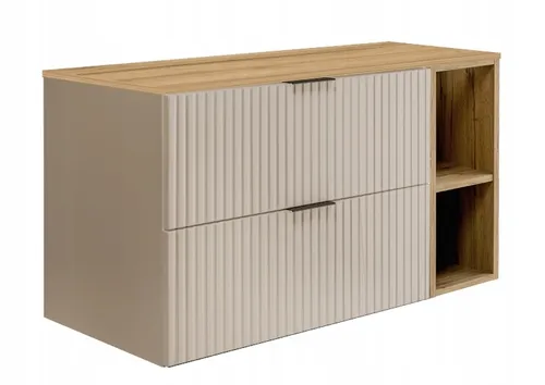 Rodan Waschbeckenunterschrank - 100 cm - Beige Matt - Badezimmerschrank mit Regal und Arbeitsplatte in Beige Matt, bietet großzügigen Stauraum und elegantes Design für ein modernes Badezimmer.