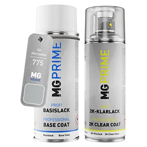 MG PRIME Autolack 2K Spraydosen Set für Mercedes 775/9775 Iridiumsilber Metallic/Iridium Silver Metallic Basislack 2 Komponenten Klarlack Sprühdose