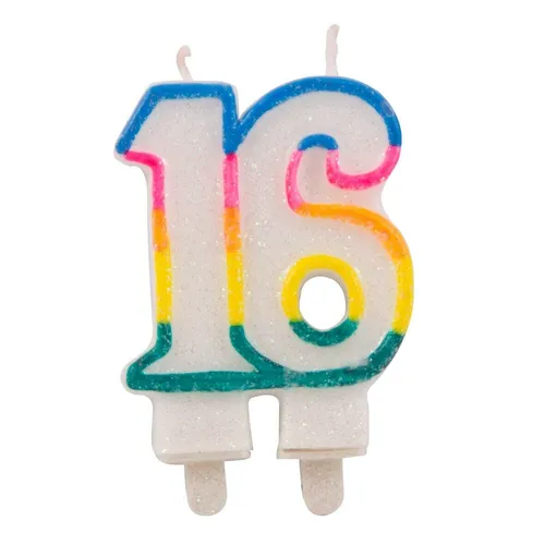 Glitzerkerze 16. Geburtstag 8,5cm Kuchenkerze bunt regenbogen Partydekoration