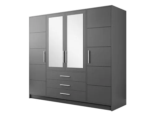 Drehtürenschrank Bado 4D mit Spiegel - Kleiderschrank mit modernem Design, 4 Türen und 3 Schubladen, bietet viel Stauraum und elegante Spiegeltüren für ein stilvolles Schlafzimmer oder Jugendzimmer.