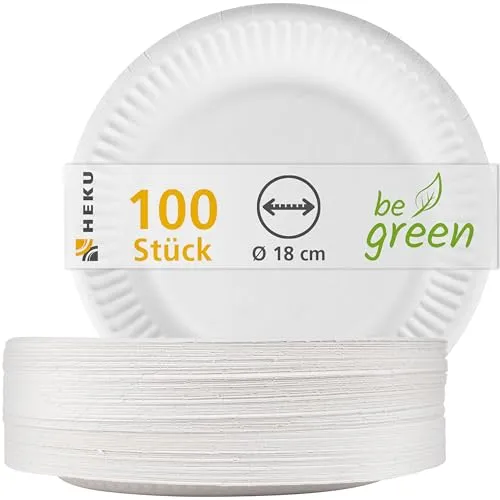 HEKU weiße Pappteller 100er Pack Ø 18cm I Umweltfreundlich & Kompostierbar I Großpackung für Veranstaltungen I Stabile 220g/m² Qualität I Teil der 'be green'-Linie