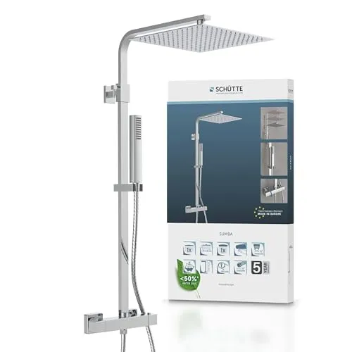 SCHÜTTE 60049 SUMBA Duschsystem - Regendusche mit 30x30cm Edelstahl Duschkopf, inkl. Thermostat und herausziehbarer Duschstange für höchsten Komfort