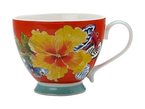 Maxwell & Williams Exotica Teetasse Tasse Becher Hibiskusrot bedruckt in Geschenkbox, rot/blaugrün, Porzellan, 400 ml