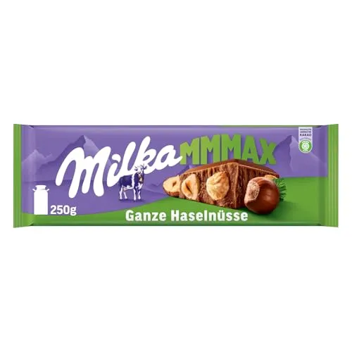 Milka Tafelschokolade Ganze Haselnüsse 250g - Schokoladenriegel mit 33% Kakaoanteil und knackigen ganzen Haselnüssen. Hergestellt aus 100% Alpenmilch – ideal für Schokoladenliebhaber in der ganzen Familie!