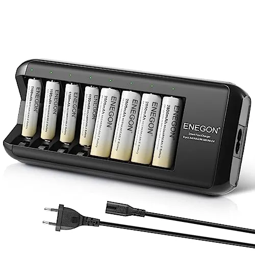 ENEGON Akku Ladegerät (8-Slot) mit 4X 1100mAh AAA & 4X 2800mAh AA Akkus Wiederaufladbar, Hochkapazitäts-AA & AAA Batterieladegerät Schnell Akkuladegerät für AA/AAA NI-Mh Batterien