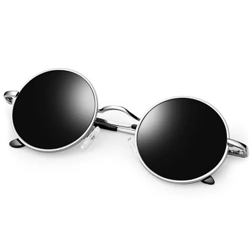 KANASTAL Runde Sonnenbrille Herren Damen Klassische Retro Polarisierte Sonnenbrille Rund mit Metallrahmen Vintage Hippie Rave Brille UV400 Schutz, Silber Rahmen Schwarze Gläser