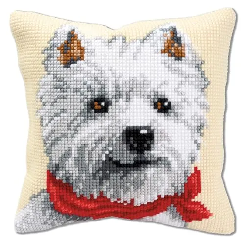 Vervaco Kreuzstich Kissen Set Westie für Anfänger - Häkeln & Stricken – Komplettes DIY Set mit allem Zubehör für kreative Entspannung. Ideal für Anfänger, inklusive detaillierter Anleitung und hochwertigem Material für ein einzigartiges Kissen.