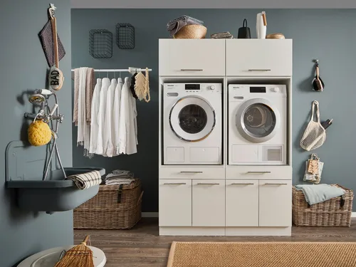 LAUNDREEZY Waschmaschinenschrank mit Schrankaufsatz, Weiß - TÜV-zertifiziert und platzsparend - Podeste & Rahmen für Waschmaschinen - Bietet viel Stauraum mit Softclose-Türen und praktischem Auszug, ideal für eine stilvolle und funktionale Gestaltung Ihres Haushalts.