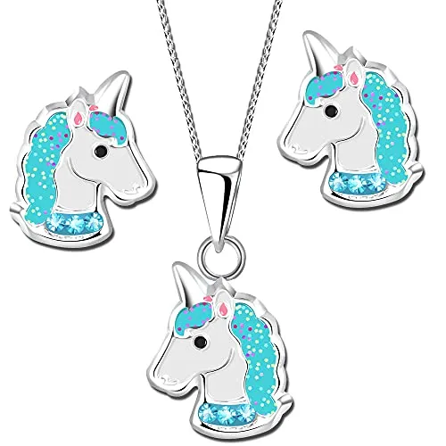 Kinder Mädchen Ohrringe mit Kette 925 Sterling Silber Glitzer Einhorn Pferde Ohrstecker Set (K756+P11 40+5cm)