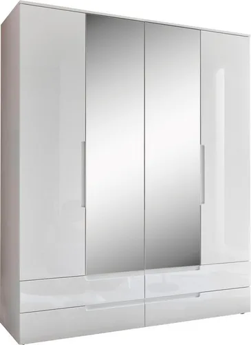 Mid.you Drehtürenschrank mit Spiegel, Weiß - Kleiderschrank aus Holzwerkstoff mit 4 Fächern und 4 Schubladen, ideal für Schlafzimmer, inklusive praktischer Schrankfront mit Spiegel.