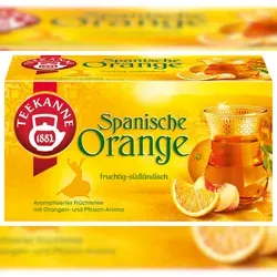 Teekanne Früchtetee Spanische Orange - 20 Teebeutel - Früchtetee mit südländischem Temperament, verfeinert mit Pfirsicharoma. Ideal für warme Tassen oder erfrischende Eistees, perfekt für jede Jahreszeit.