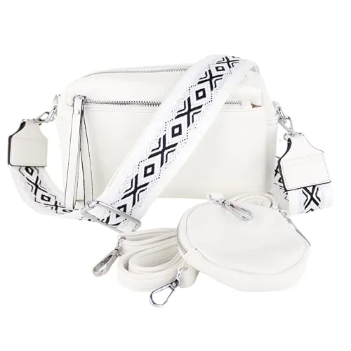 MIRROSI® umhängeTasche inkl. 1x Münzbeutel und 2 Wechselgurte Damen Crossbody Bag, 19x14x8cm Kleine Mittelgroß (verstellbaren Schulterriemen), SchulterTasche fürjeden Anlass (Weiss)