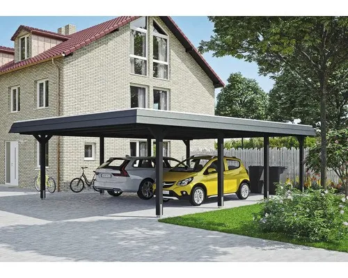 Doppelcarport SKAN HOLZ Wendland mit schwarzer Blende 630 x 879 cm - Robustes Doppelcarport mit Flachdach in Anthrazit, ideal für den Schutz von zwei Fahrzeugen. Inklusive Pfostenankern für eine stabile Montage.