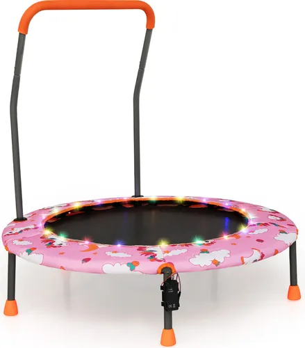 COSTWAY Ø92 cm Kindertrampolin mit LED-Beleuchtung und abnehmbarem Griff – Rosa