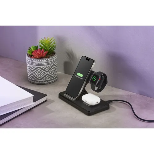 Triple Wireless Charger 3in1 Black (61043) - Kabelloses Laden für 3 Geräte - Handy Ladegeräte mit 15W Leistung, faltbar und ideal für Zuhause oder unterwegs. Laden Sie Ihr Smartphone, Kopfhörer und Apple Watch gleichzeitig kabellos!