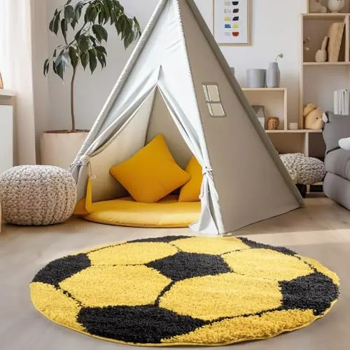 Carpettex Kinderteppich Fußball-Design Gelb 120 cm Rund - Hochflor Teppich Kinderzimmer für Mädchen und Jungen Super Weich Flauschig - Runder Spielteppich Babyteppich Gaming Teppich Babyzimmer