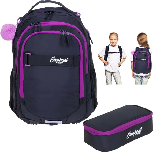ELEPHANT Schulrucksack Hero Signature - Tiff Lila 13015 - Schulranzen Set mit Rucksack und Mäppchen Box, wasserabweisend und ergonomisch gestaltet für optimalen Tragekomfort. Ideal für Schüler ab 8 Jahren.