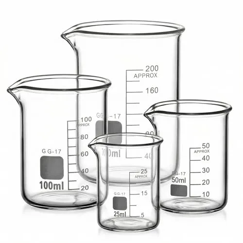 QWORK® Glas Becherglas 25ml 50ml 100ml 200ml, 4er Set Abgestufter Messbecher für Labor Küche