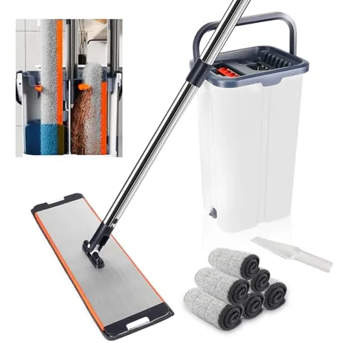 Wischmopp Set mit Eimer, Set mit 6 Mikrofaser Pads und Ausgestattet mit 155cm verlängertem und verdicktem Griff, trennt Schmutz von Frischwasser, Wischmopp mit Auswringfunktion für Alle Böden,Weiß