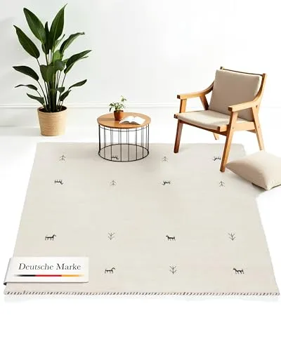 carpetfine Wollteppich Gabbeh Uni Quadratisch Weiß 120x120 cm - Teppiche – Hochwertiger Wollteppich, ideal für Wohn- und Schlafzimmer, pflegeleicht und langlebig, auch für Fußbodenheizung geeignet.