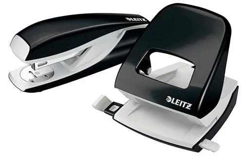 Leitz NeXXt Locher und Heftgerät Set, schwarz - Praktisches Set für bis zu 30 Blatt, inkl. 200 Heftklammern, ergonomisches Design und integrierter Abfallbehälter, ideal für Büro und Zuhause.