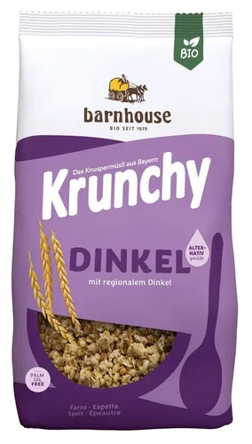 Barnhouse Bio Krunchy Pur Dinkel mit Reissirup - Müsli aus 61% Dinkelvollkornflocken, ideal für ein gesundes Frühstück oder als Knusper-Topping. Vegan und aus kontrolliert ökologischem Anbau.