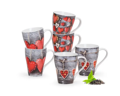 matches21 HOME & HOBBY Tasse Schöne Kaffeetassen 6er Set Holz-Optik Herzen Landhaus-Stil, 6-tlg., Porzellan, Tee Kaffee-Becher, modern, grau rot bunt, 300 ml