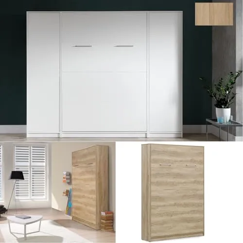 QMM TraumMoebel Schrankbett Wandbett vertikal 140x200 - Funktionales Schrankbett 140x200 cm mit Lattenrost und 2 Schränken, modernes Design in Eiche Sonoma, bietet sicheren und mühelosen Auf- und Abbau dank speziellem 9-Federn-System.