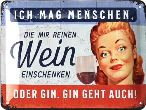 LANOLU Retro Blechschild Bar Schild GIN - REINER WEIN ODER GIN, GIN GEHT AUCH - lustiges Blechschild Küche mit Spruch Menschen die einem reinen Wein - Cocktail Schild als Geschenk 15x20cm