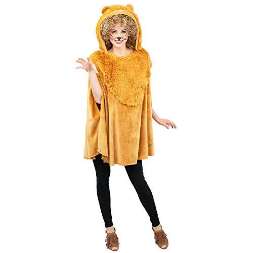 Amakando Niedlicher Löwen-Poncho mit Kapuze für Frauen/Braun/Flauschiger Umhang Raubkatze mit Pelz-Imitat/Wie geschaffen zu Kostümfest & Mottoparty