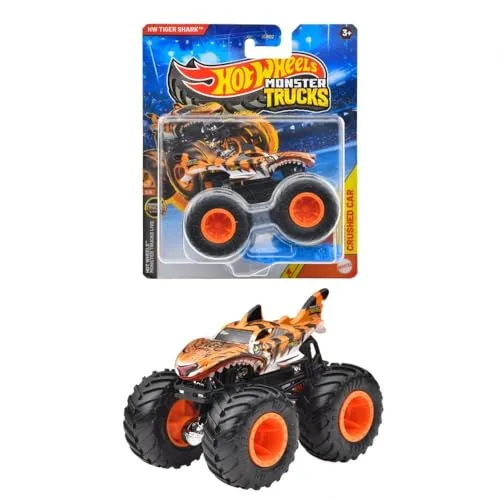 Hot Wheels Monster Truck, 1:64 Tiger Shark, Spielzeugfahrzeug für Fahrzeuge ab 3 Jahren, Orange, JGR02