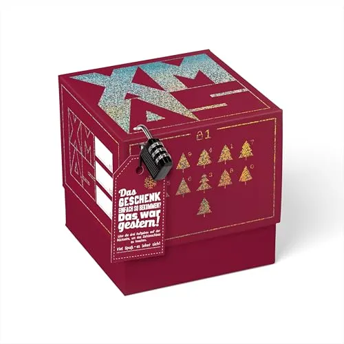 SURPRISA Geschenkbox für Weihnachten, Rätselbox für Geldgeschenke, Glitzer-Design in Rot mit XMAS-Aufdruck, Größe M (16cm)