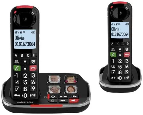 Swissvoice Xtra 2355 duo - schnurloses Seniorentelefon mit Anrufbeantworter - Festnetztelefon mit gut lesbaren Tasten, Audio-Boost bis +40dB und ergonomischer Hörerform. Ideal für Senioren, bietet einfache Bedienung und hohe Klangqualität.