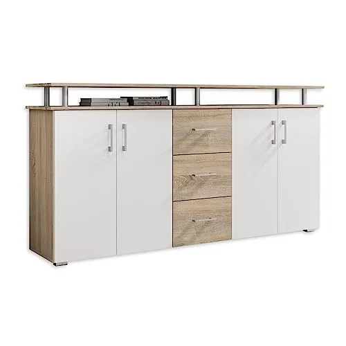 Stella Trading Highboard in Eiche Sonoma Optik und Weiß - Hochschrank fürs Wohnzimmer mit modernem Design, 3 geräumigen Schubladen und viel Stauraum für eine stilvolle und funktionale Einrichtung.