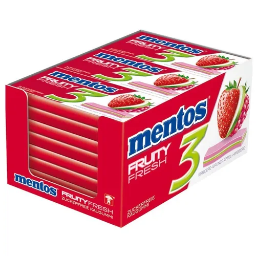 Mentos Kaugummi Fruit 3, zuckerfrei, 12x 33g - Fruchtiger Genuss ohne Zucker! Ideal für unterwegs und perfekt für frischen Atem. Inhalt: 0,396 Kg, Kaugummi für süße Momente.