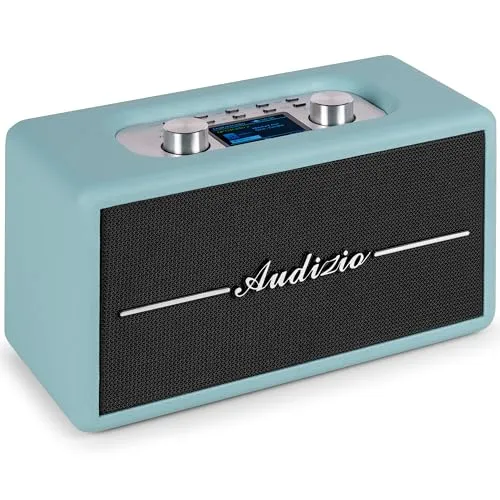 Audizio Tune60, DAB Radio mit Bluetooth Lautsprecher, Fernbedienung, FM, 40 Watt, Batterie- Netzbetrieb, LCD, 20 Speicherplätze, USB/TF, AUX, Wecker, Leder Vintage DAB+ Radio Blau