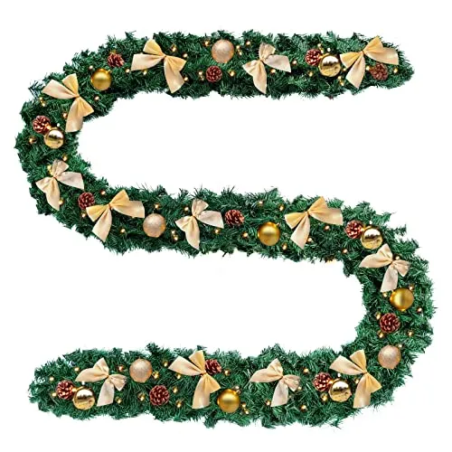 Baunsal® Weihnachtsgirlande Tannengirlande Girlande grün 5 m mit Goldener Deko und Led Lichterkette mit Batteriebox und Fernbedienung Girlande Weihnachten Weihnachtsdeko Tannengirlanden