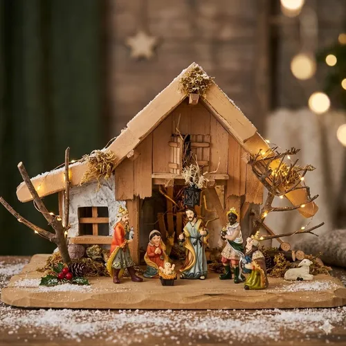 Bezaubernde Weihnachtskrippe Schwaig mit 10 Figuren - Handgefertigte Weihnachtskrippe aus Holz, ca. 36x18x24 cm, inklusive 10-tlg. Figurensatz. Ideal für festliche Dekoration und stimmungsvolles Krippenspiel.