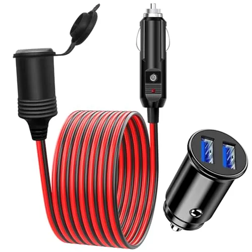 Hoembpn 1,5M 12V/24V Auto Zigarettenanzünder Stecker Verlängerungskabel Buchse Steckdose Adapter Wasserdicht 17 AWG Kabel, 12V Mini Dual USB Zigarettenanzünder Autoladegerät