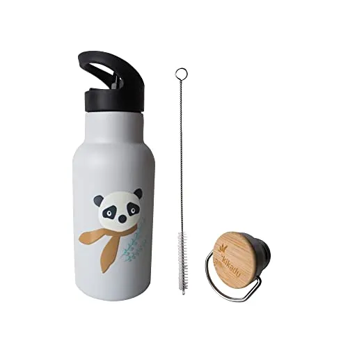 kikadu Trinkflasche Panda Silber Grau - BPA-frei für Kinder - Doppelwandige Edelstahl-Trinkflasche (350ml) mit Sport- und Edelstahldeckel. Ideal für kühle und warme Getränke. Hält bis zu 12 Stunden die Temperatur. Inklusive Flaschenbürste für einfache Reinigung.