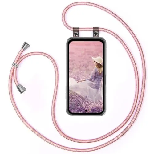 moex Handykette für Google Pixel 8a Hülle mit Band abnehmbar, Handyhülle mit Kette zum Umhängen, Handyband 155 cm lang Stoff Kordel Umhängehülle, Handy Umhängeband, Rosegold