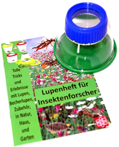 MEDUP Bunte große Becherlupe blau-grün Lupendose 6X Vergrößerung mit Lupenheft für Entdecker